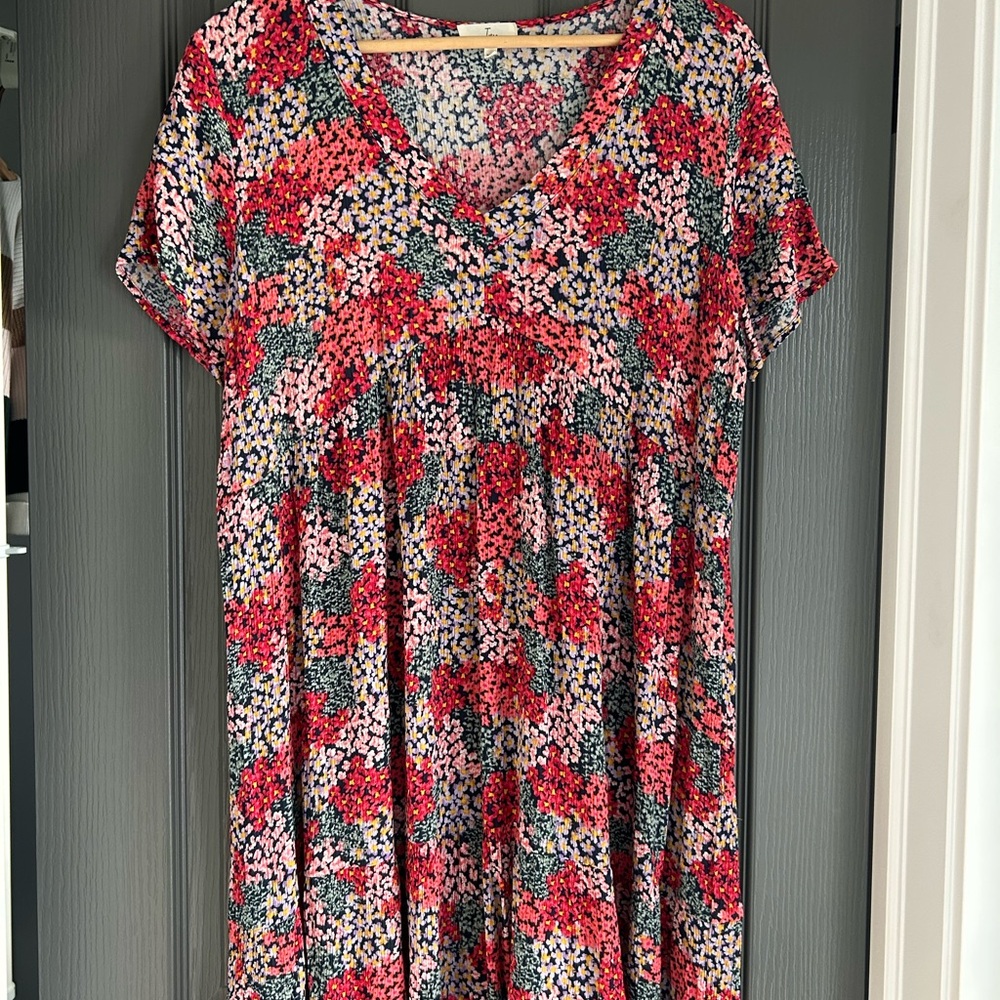 Floral V-Neck Dress - Red and Pink